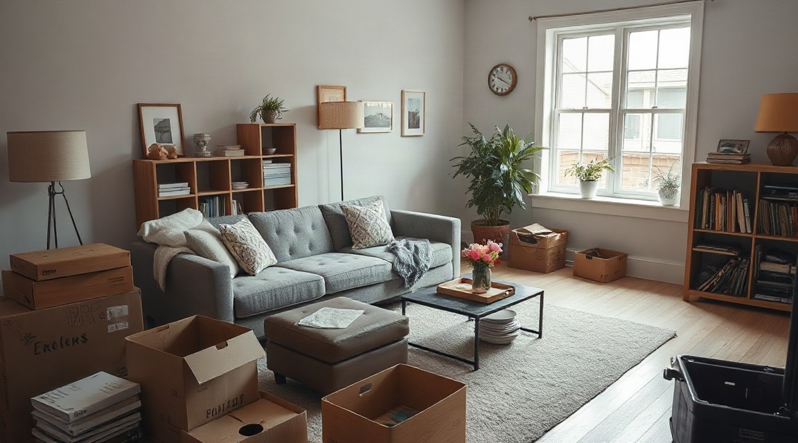 a living room mid-staging with a sofa being repositioned and boxes of decor items nearby