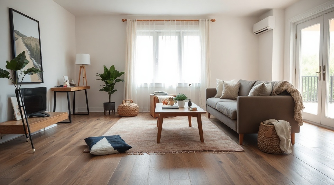 A living room mid-staging with a rug being positioned under a coffee table