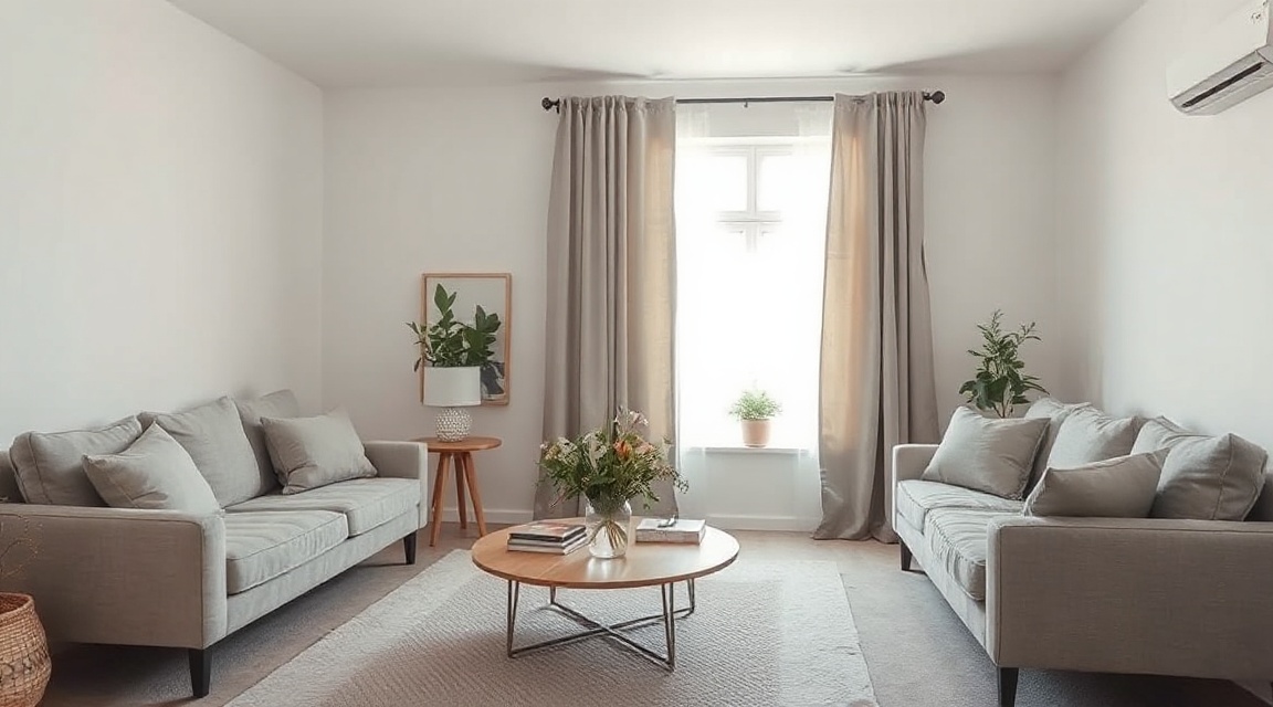 A staged living room with neutral furniture, an open curtain, and a clear coffee table