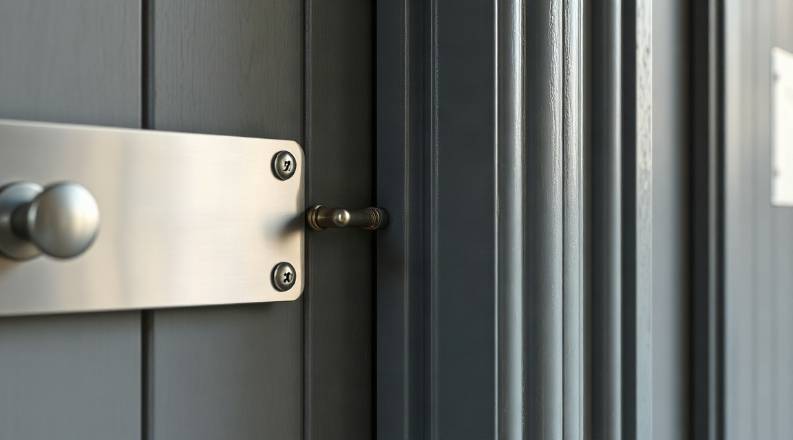 A close-up of brushed metal house numbers mounted beside a painted front door