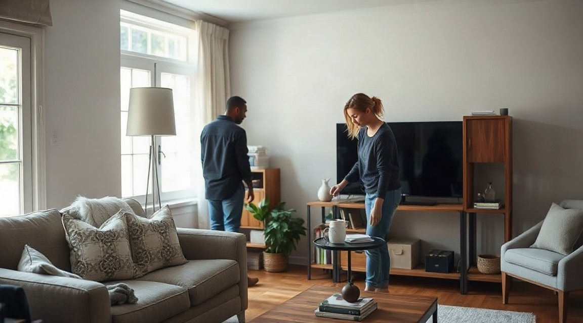 A living room mid-staging with a stager adjusting a throw pillow and side table