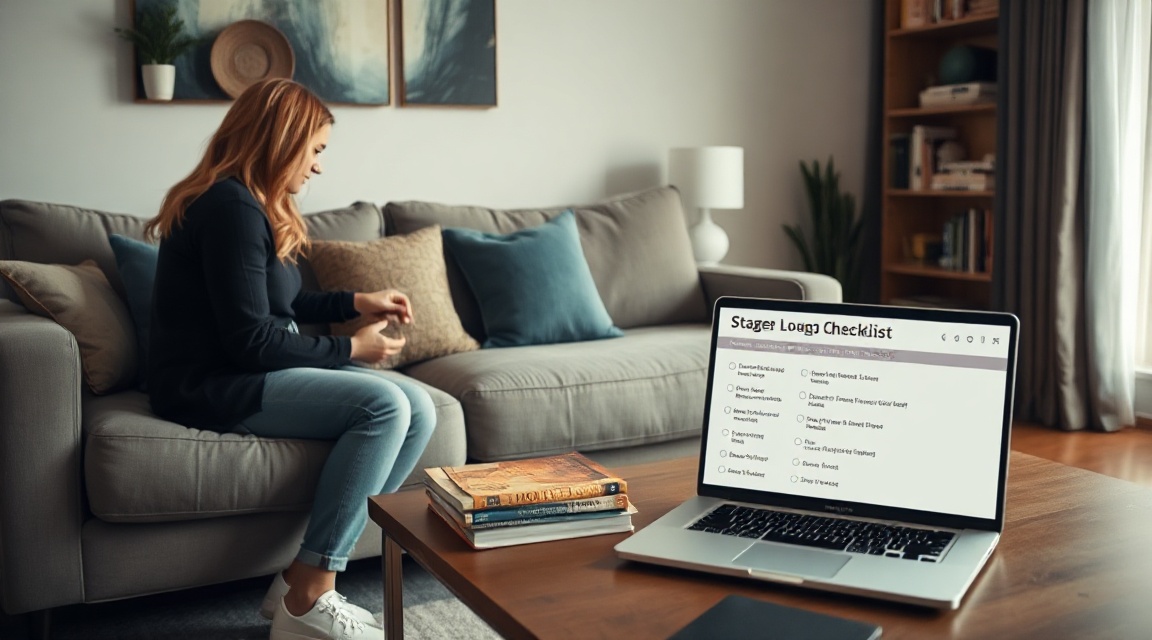 A living room mid-staging with a stager adjusting a throw pillow and a laptop showing a room-by-room checklist on the coffee table