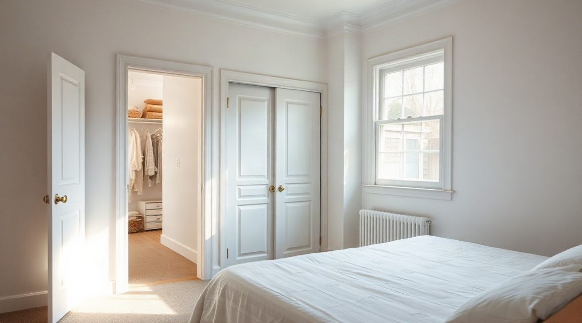 A bright bedroom with a made bed, a closet with sliding doors, and a window overlooking a backyard