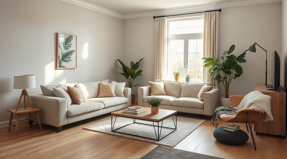 Living room with staged furniture arrangement and neutral decor ready for listing photography