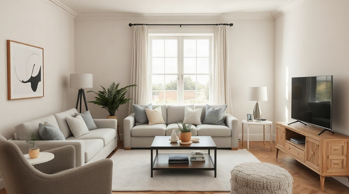 A staged living room with neutral furniture and natural light before a real estate photo shoot