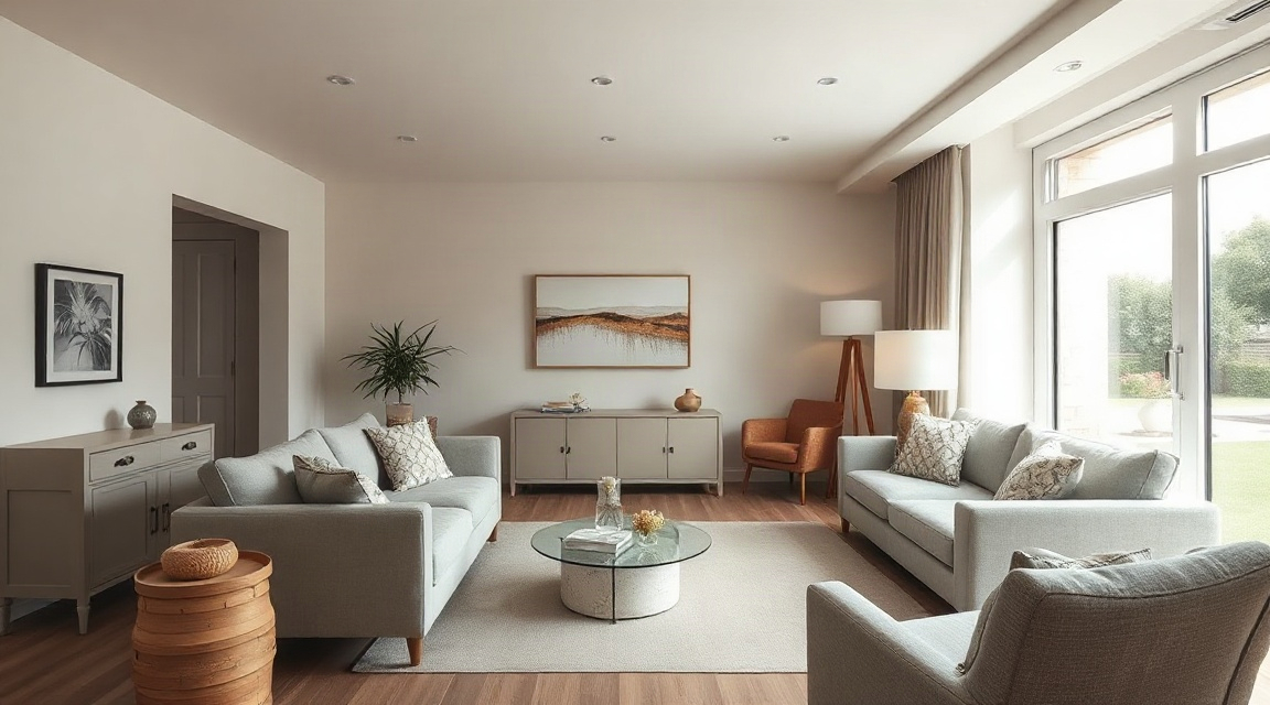 A bright living room staged with neutral furniture and natural light in a five bedroom house