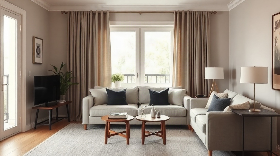 A tidied living room with neutral furniture, open curtains, and cleared side tables ready for listing photos