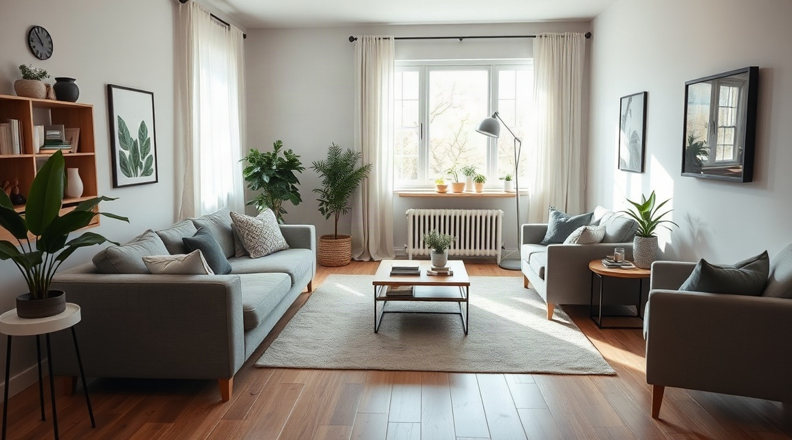 A staged living room with neutral furniture, a clear walking path, and natural light from an uncovered window