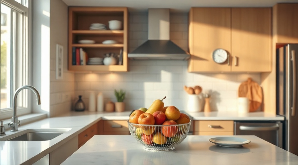 A staged kitchen with clear counters, a bowl of fruit, and warm overhead lighting