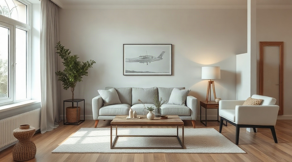 A staged living room with a neutral sofa, a low coffee table, and simple accessories arranged for a listing photo