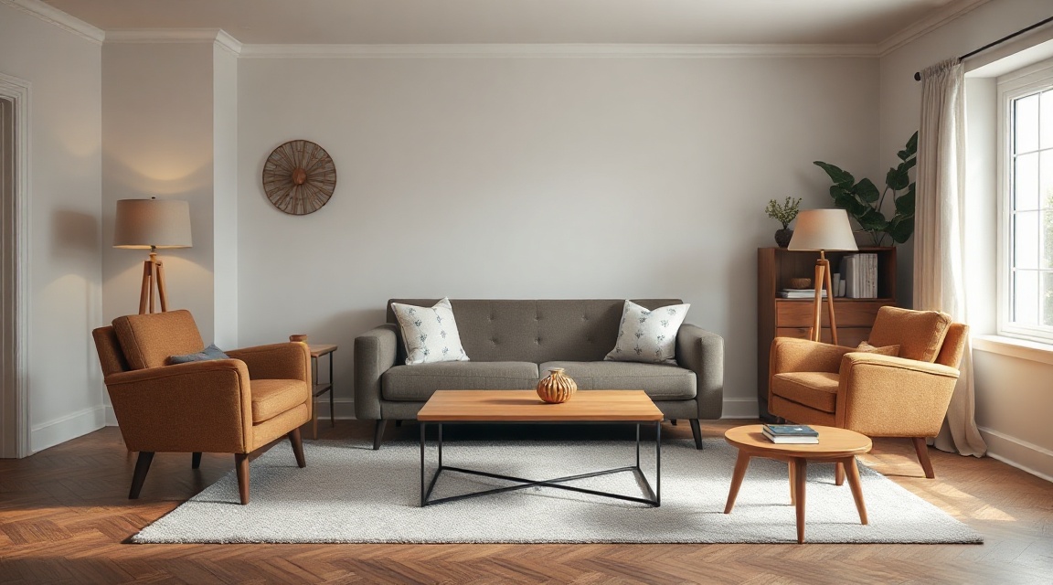 A living room with a single sofa, two chairs, and one plain coffee table staged for listing photos