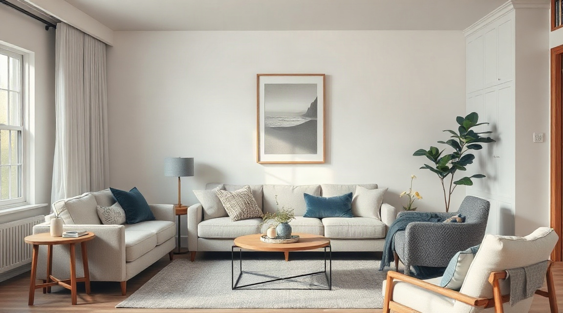 A staged living room with layered lighting, neutral furnishings, and a curated shelf arrangement before a real estate photography session