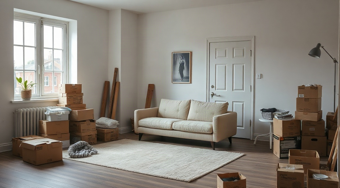 A living room mid-staging with a sofa being repositioned near a window and boxes of personal items stacked near the door