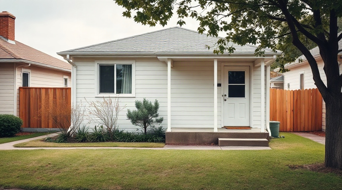 A small single-level bungalow with a no-step front entry and a compact, tidy front yard
