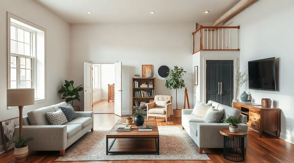 A staged living room on the main floor of a two story home, with a staircase visible leading to the upper level