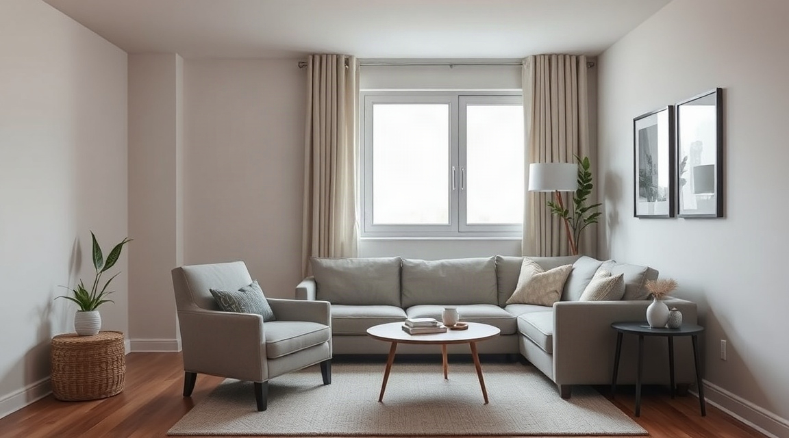 A small condo living room staged with a neutral sofa, a single accent chair, and a clear sightline to the window