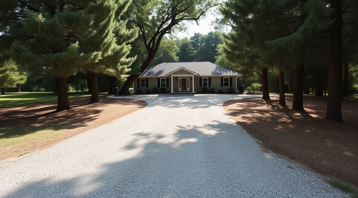 A country house with a long gravel driveway, mature trees, and a cleared front entry ready for listing photos