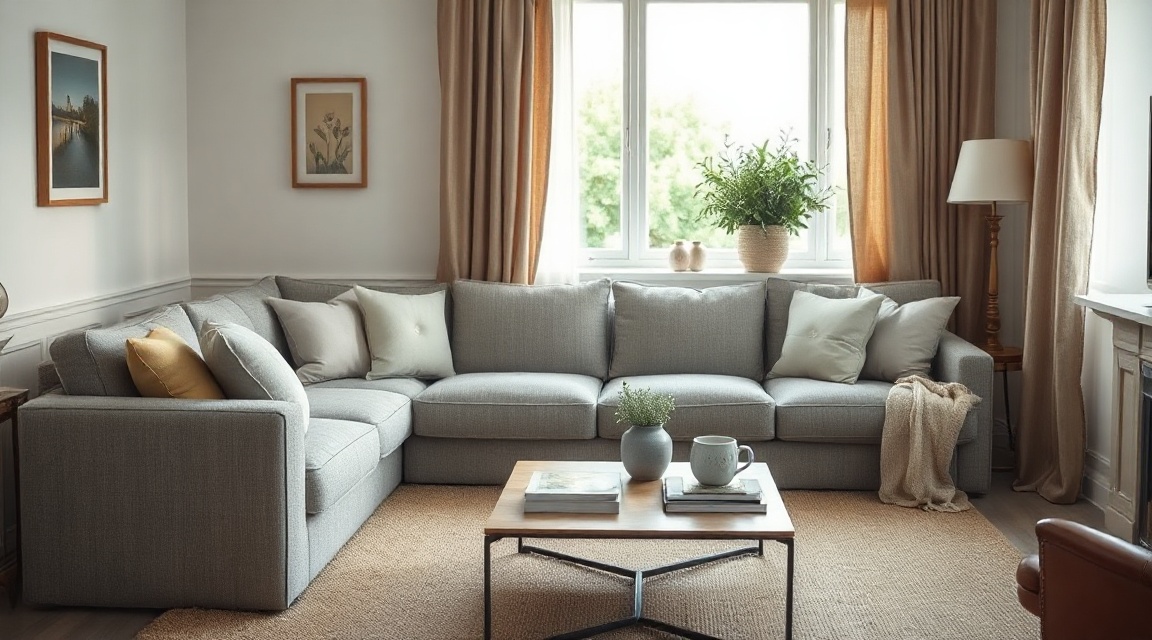a tidy living room with neutral cushions, a cleared coffee table, and even natural light