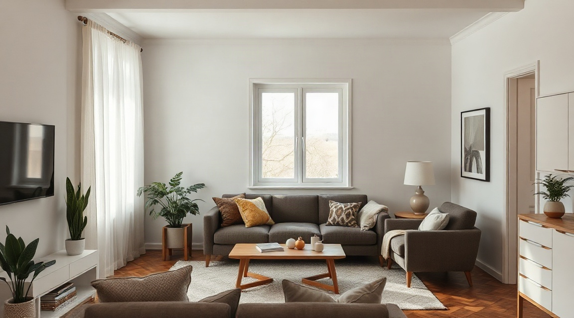 A furnished living room in a suburban house with natural light from a front window