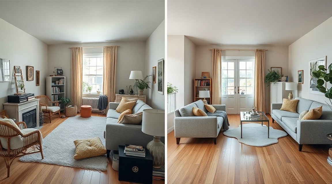 A living room shown twice, once cluttered with personal items and once staged with neutral furniture and open floor space