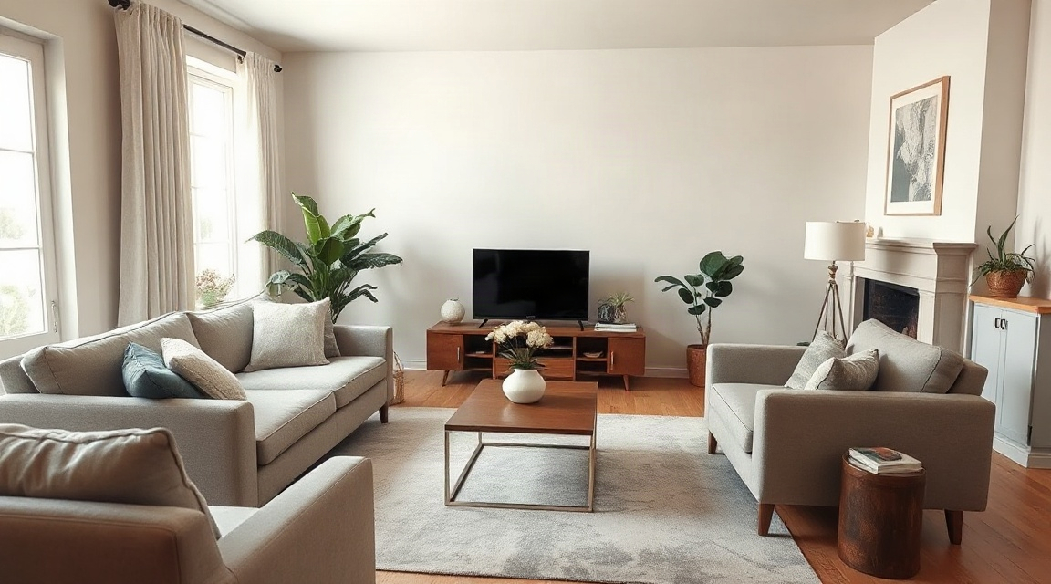 A living room staged with neutral furniture and natural light before a real estate photo shoot