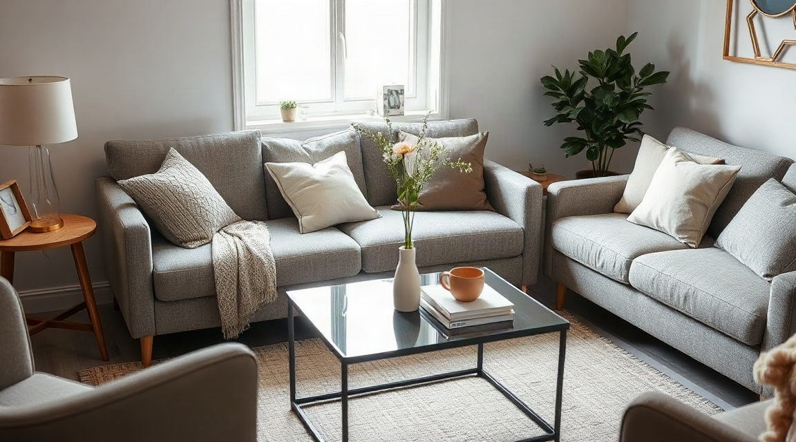 A tidied living room with neutral cushions and a clear coffee table, ready for listing photos
