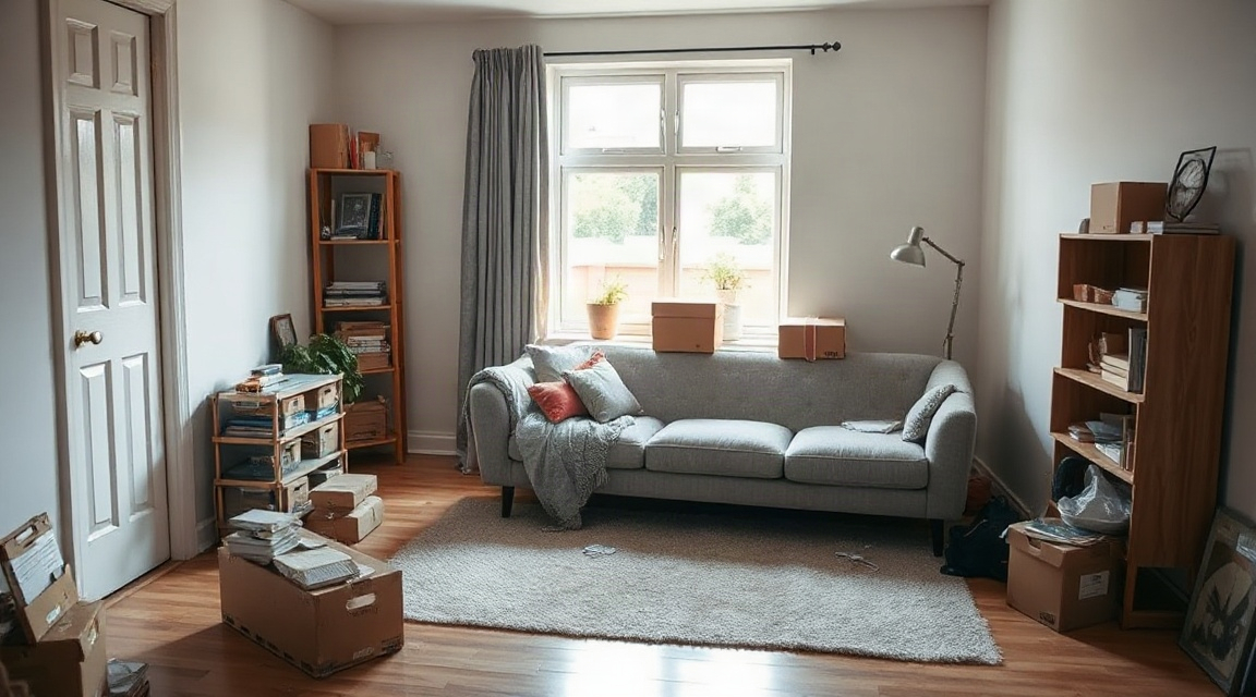 A living room mid-staging with a sofa being repositioned away from the wall and boxes of personal items stacked near the door