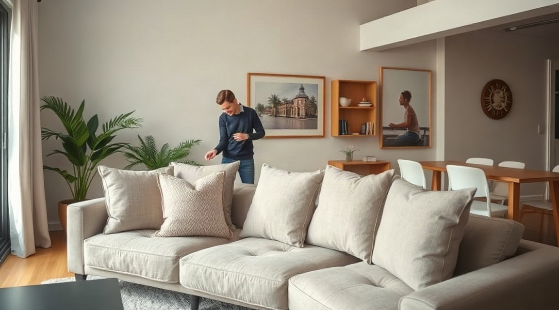 A living room mid-staging with a stager adjusting a throw pillow on a neutral sofa