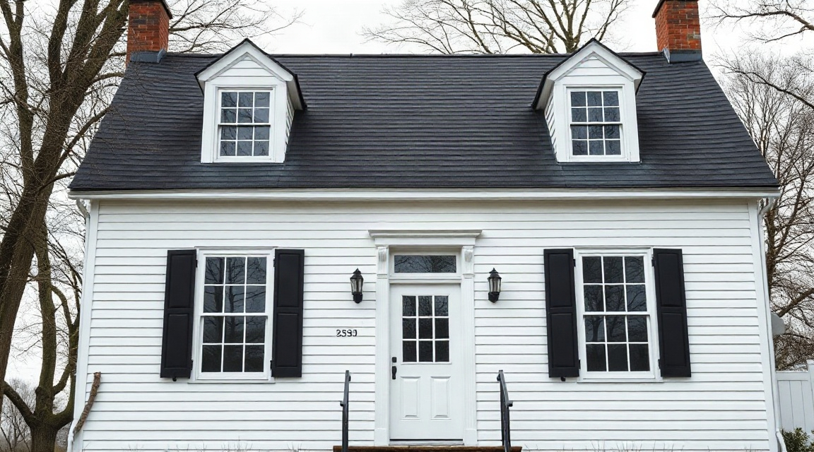 A white one-and-a-half story home with black shutters and twin dormer windows set into a steep upper level