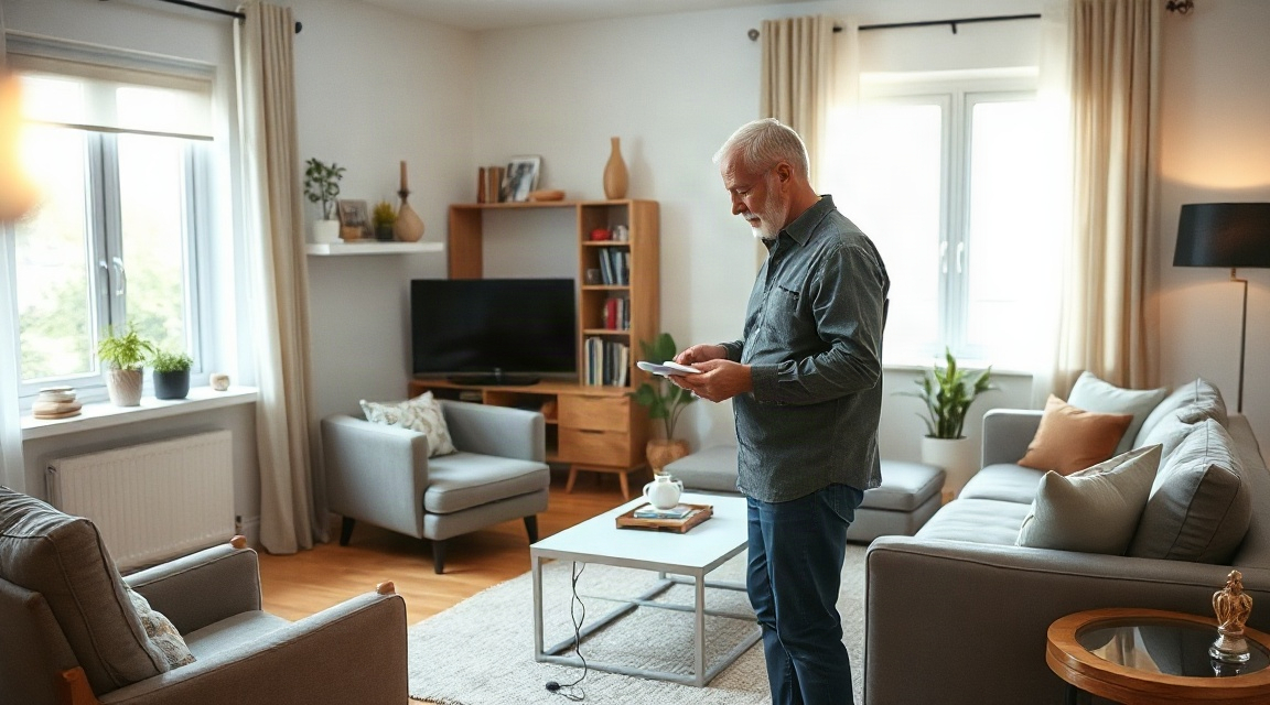 A stager taking notes in a living room, pointing at furniture arrangement