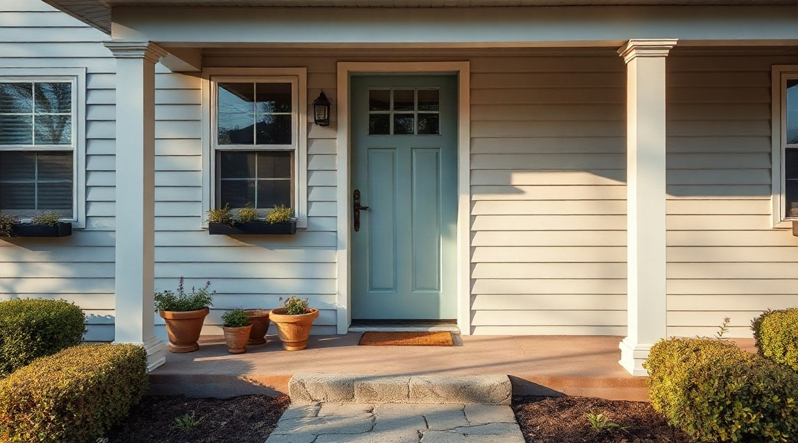 A single family home exterior with a tidy front walkway and porch before staging photography