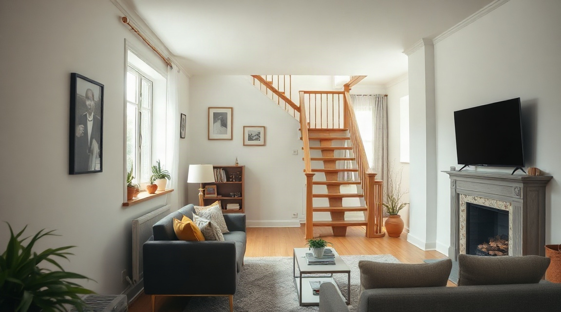 a staged town house living room with a staircase visible leading to the upper floor